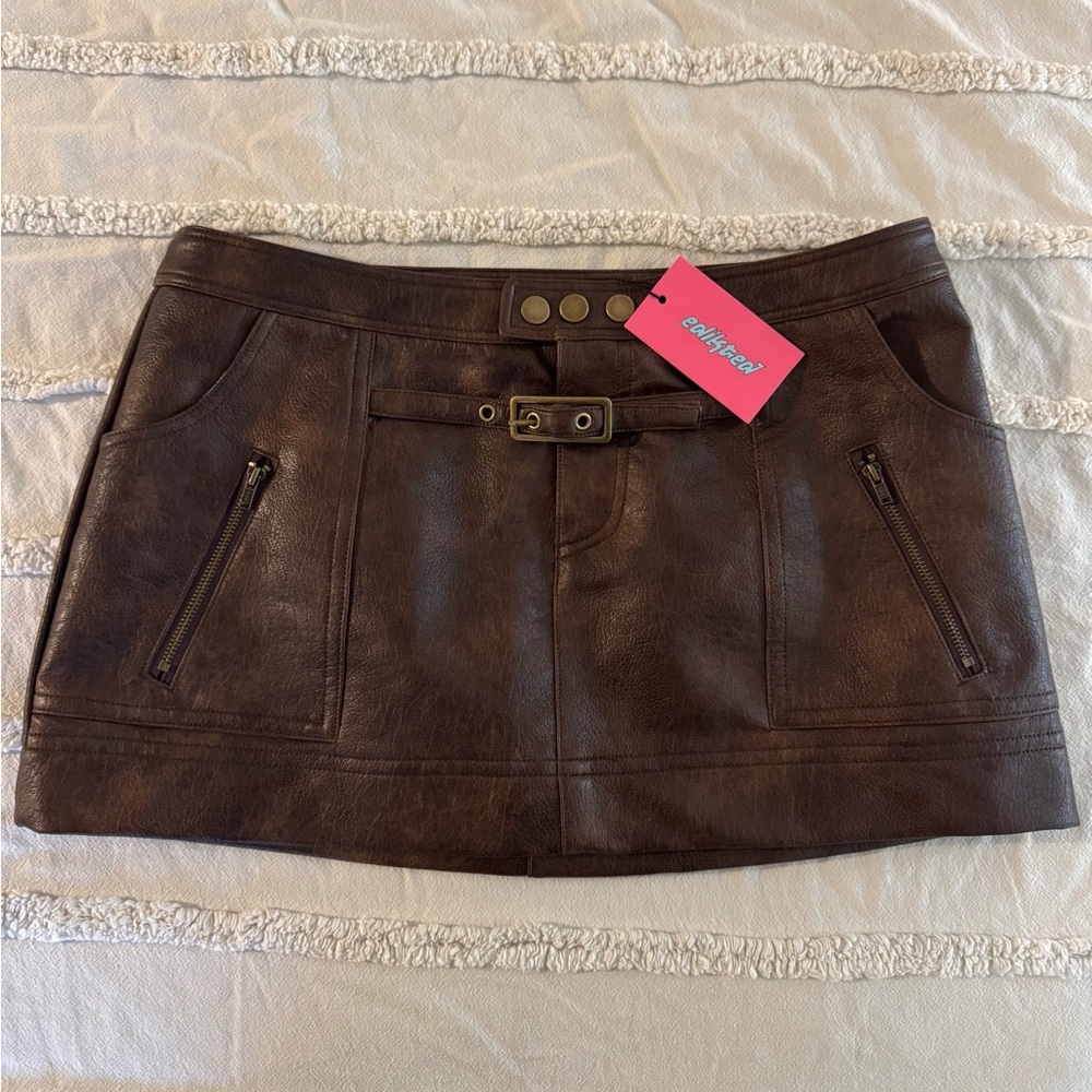 Edikted Brown Faux Leather Mini Skirt - Picture 1 of 5